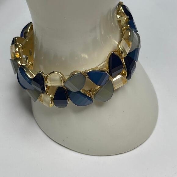 gold tone bracelet faux jewels in teals blue green costume jewelry - Picture 3 of 11